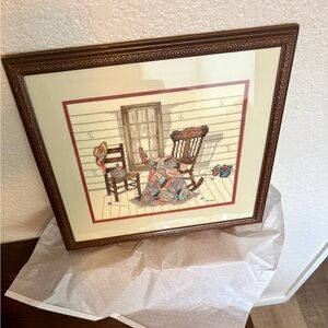 Vintage Custom Framed Cross-Stitch Art with Rocking Chair